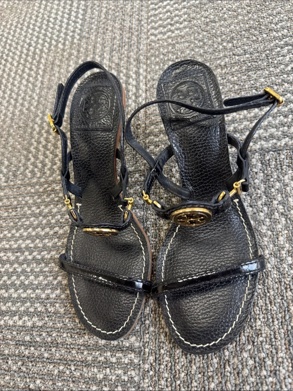 Tory Burch Mira Logo Slingback Black Leather Sandals, size 6.5